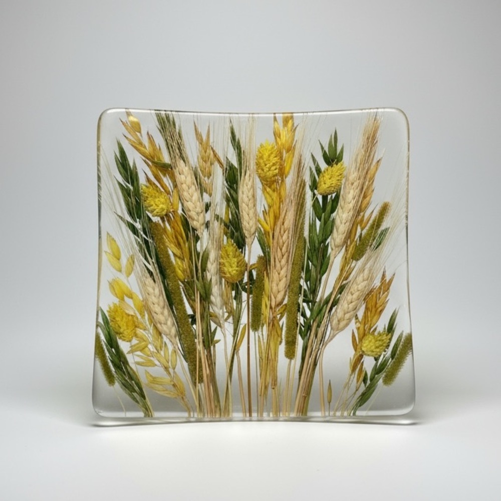 Mid-Century Modern Acrylic Lucite 8” Square Tray Dried Wheat Autumn Fall Vintage